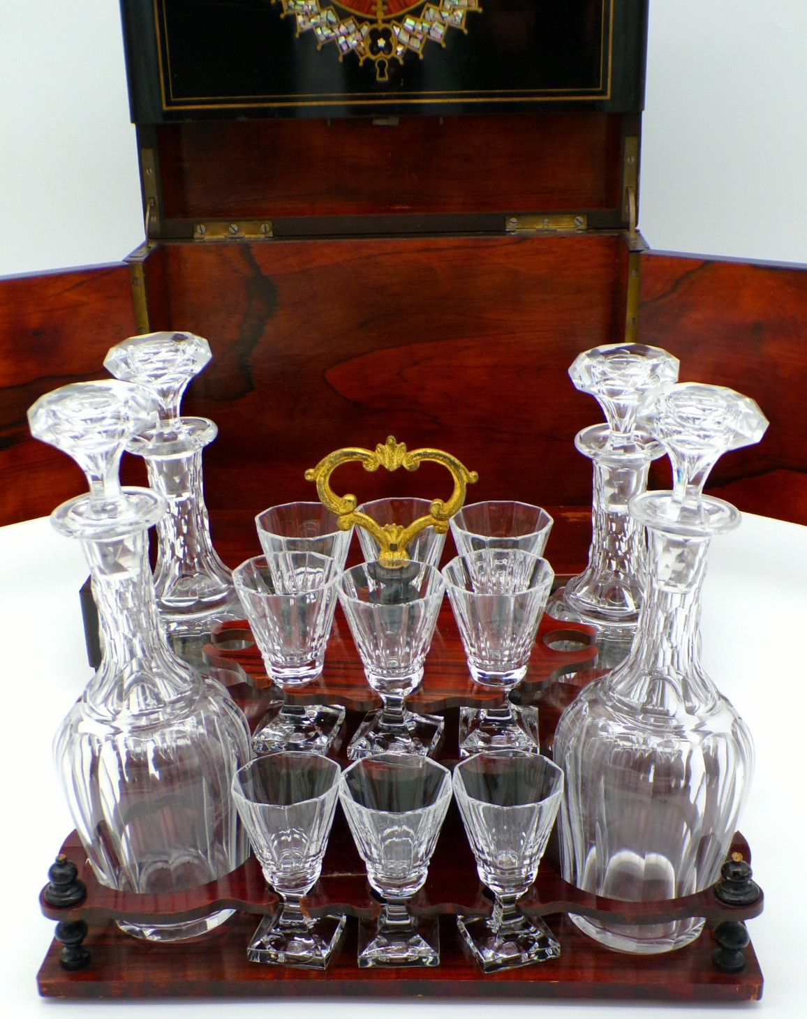 Antique French Napoleon III Wooden Tantalus Cabinet Cut Baccarat Liquor Barware