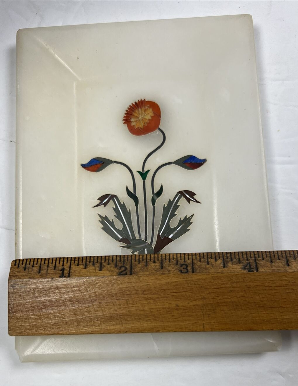 Vintage Pietra Dura Poppy Marble Mosaic Inlay Tray Rectangle Agra India Chipped