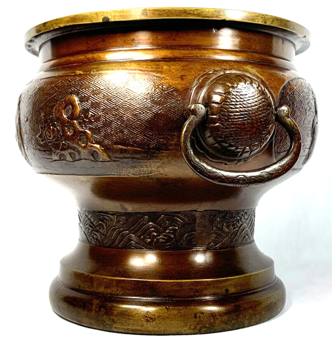 Antique Japanese Hibachi Bronze God Tiger Procession Sunflower Keyfret Meiji Era