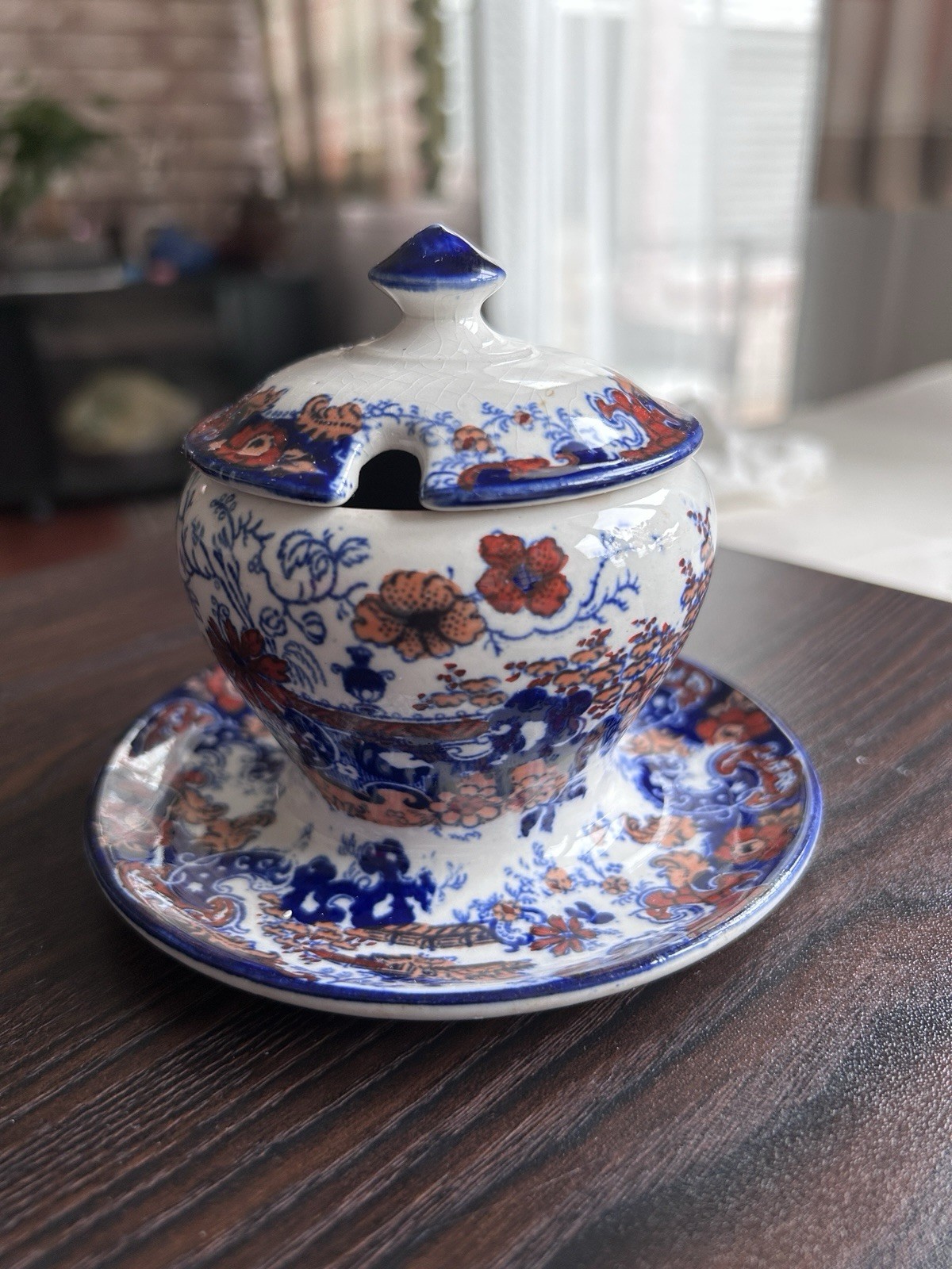 Antique English Imari-style Lidded Jar Or Mustard Pot Late 1800s Hand Painted