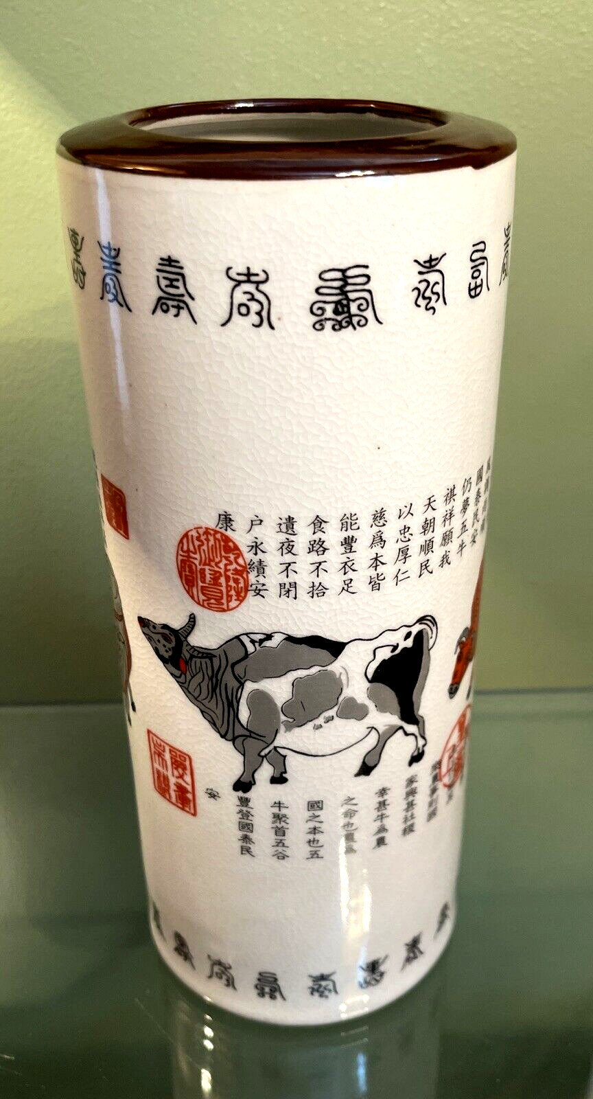 Chinese Porcelain Brush Pot Ox Buffalo Cow Poetry Vase Marked Post 1940