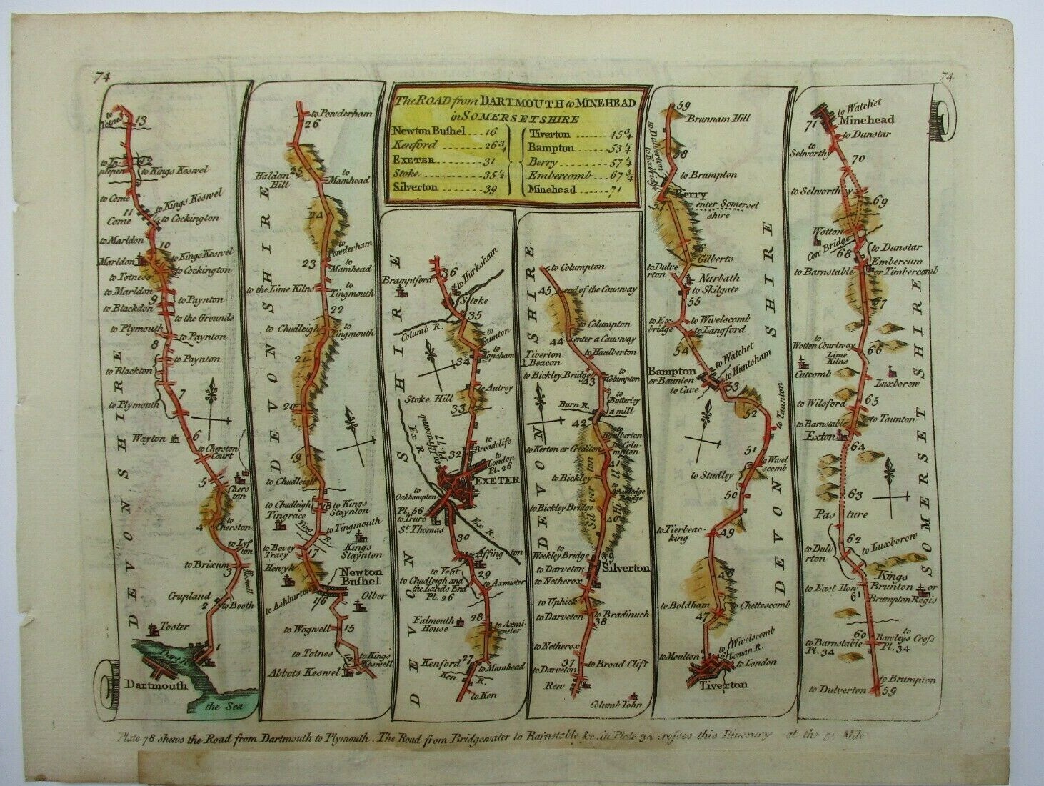 Antique Road Map of Dartmouth to Minehead by Thomas Kitchin 1767