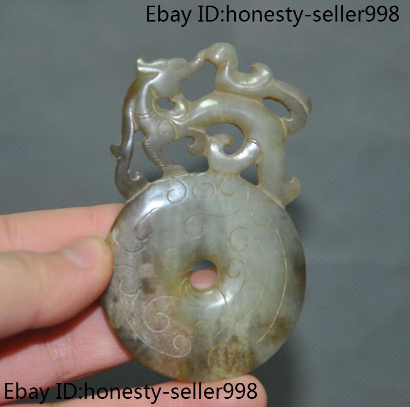 3” Chinese Natural Hetian jade Carved Dragon Beast Jade bi Bixie Amulet pendant