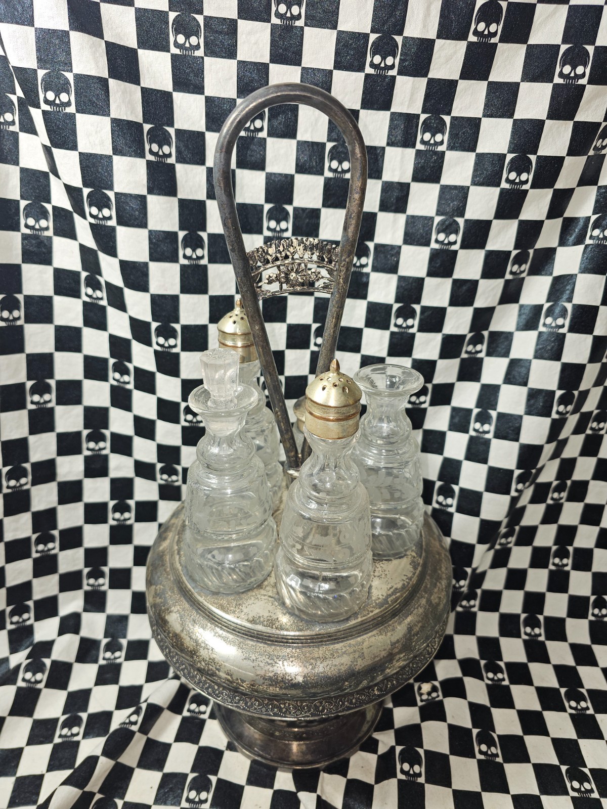 Antique Victorian Condiment Lazy Susan Server Glass Cruets Silverplate