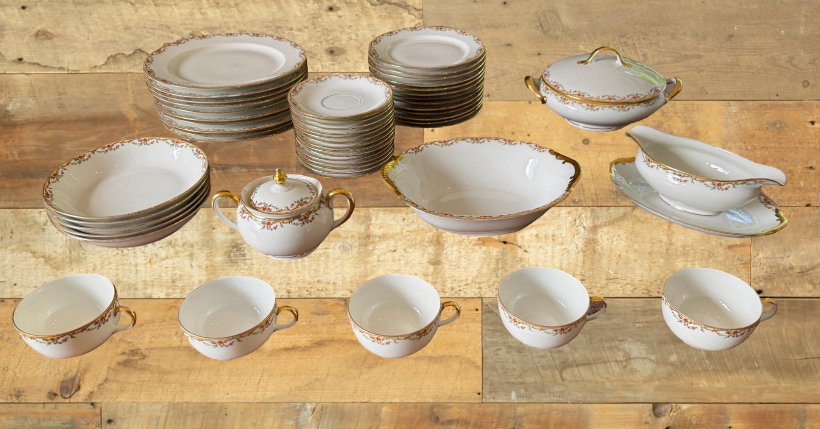 Vignaud Limoges France Meuse Dinnerware Set 46Pc Floral Gold Trim