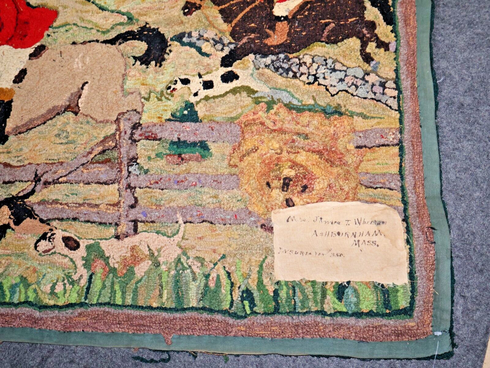 Antique Primitive 58″ x 38″ Hooked Rug Equestrian Hunt Scene Dogs Horses Riders
