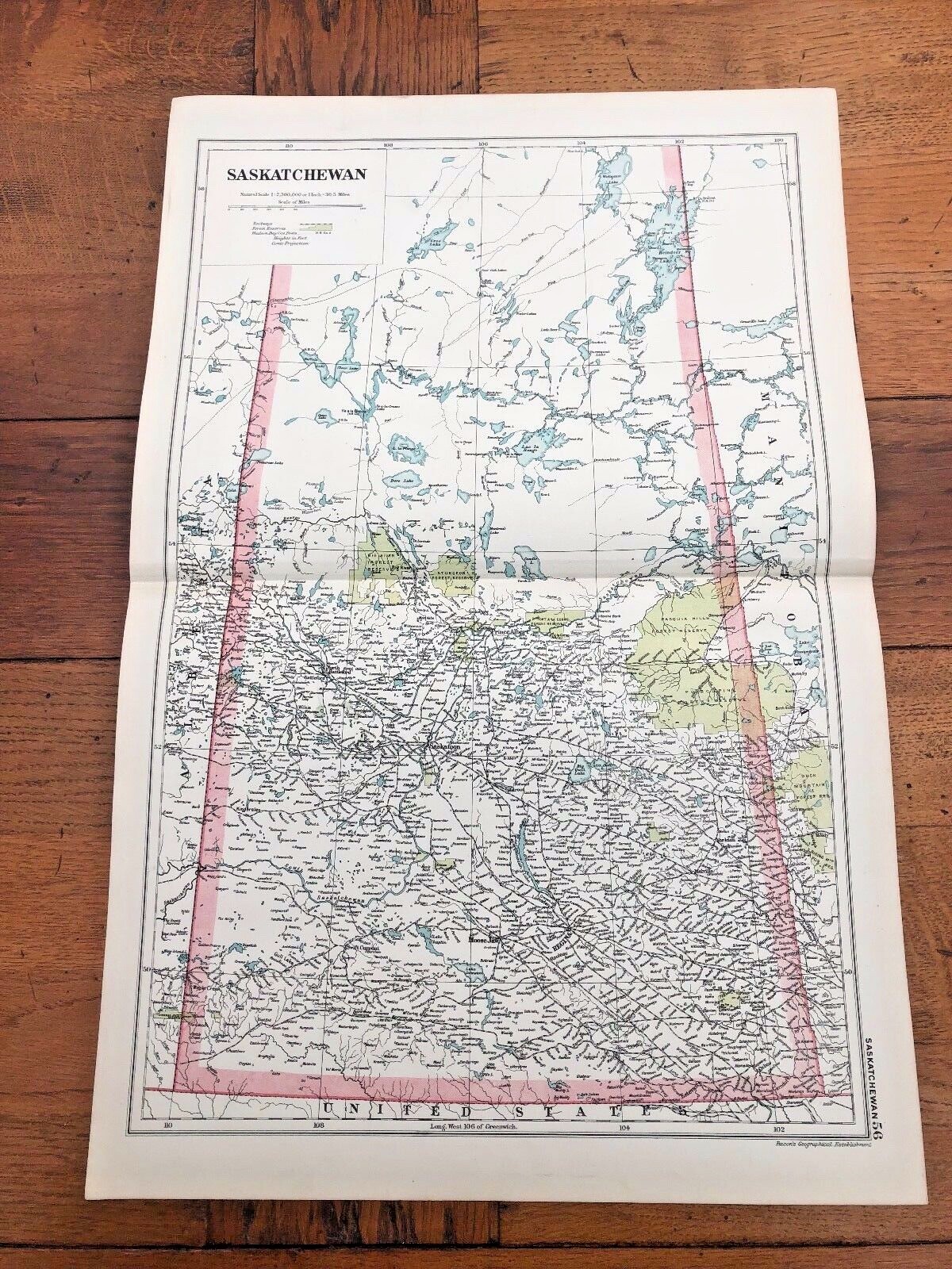 1900s double page map from g.w. bacon – saskatchewan