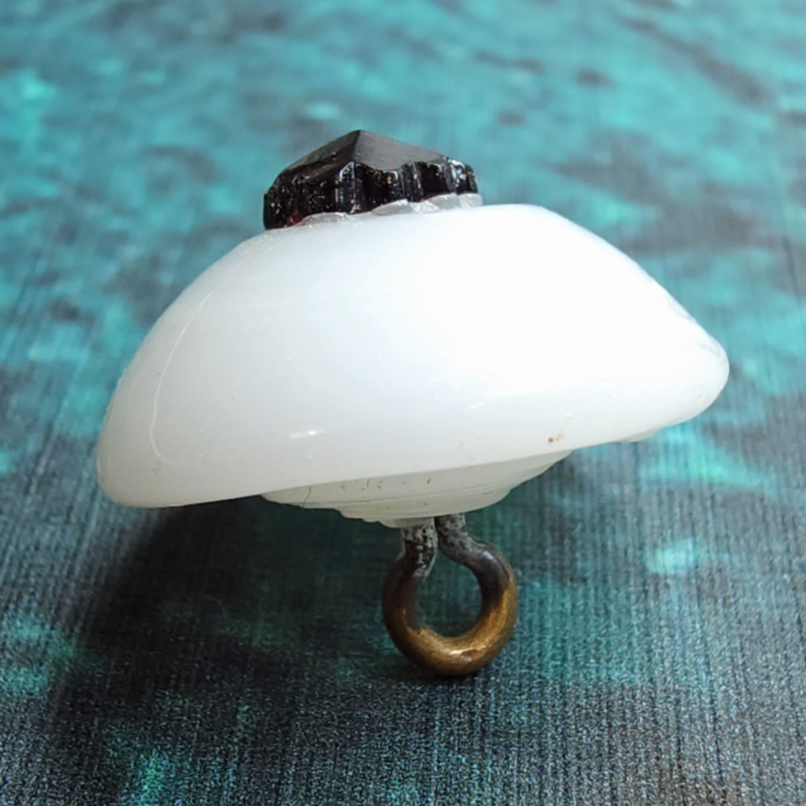 Antique Swirlback Charmstring Button ~ Milk Glass w/ Faceted Black Glass Coronet