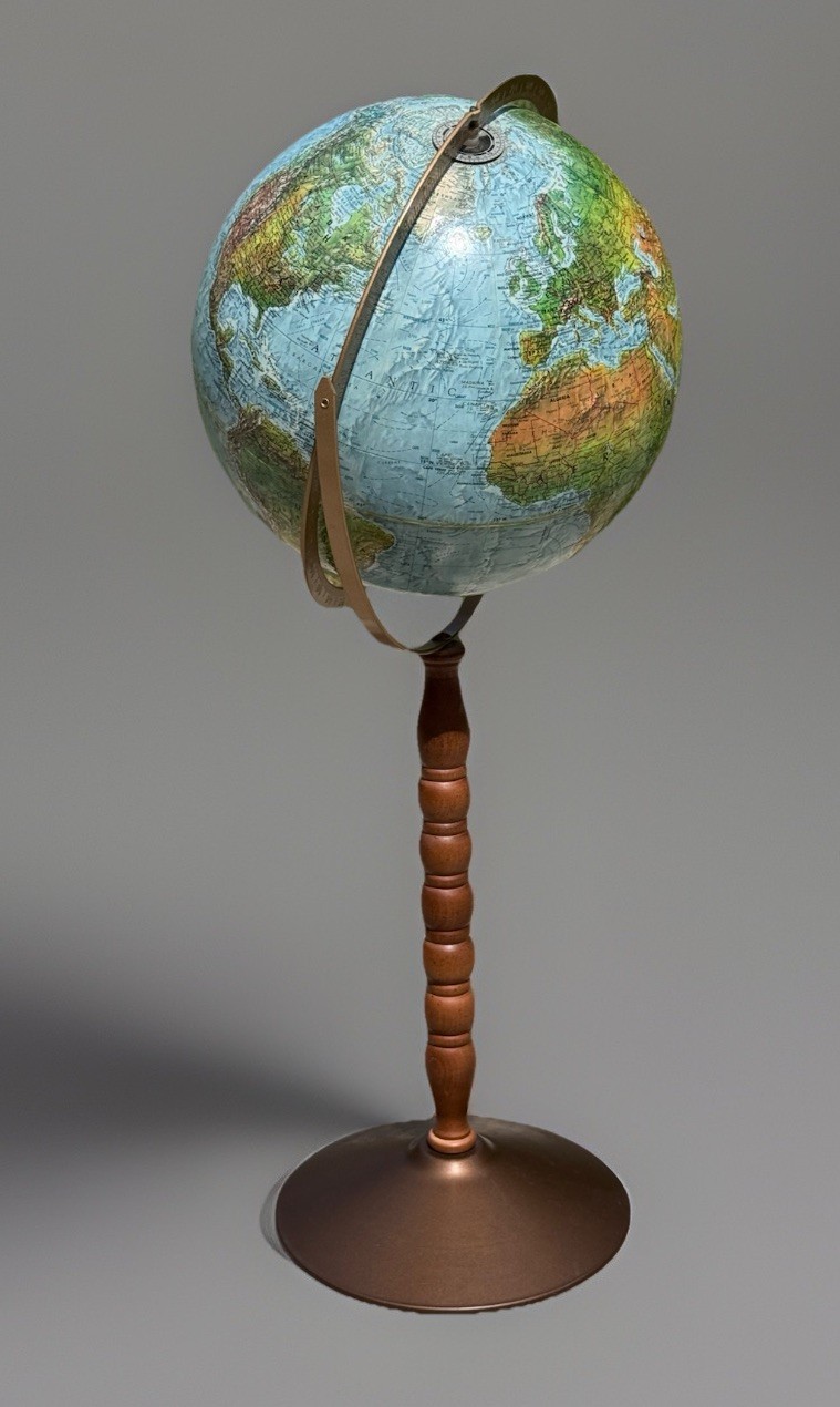 Replogle 12” Raised Relief Land and Sea Globe on Wooden Floor Stand c. 1980-1982