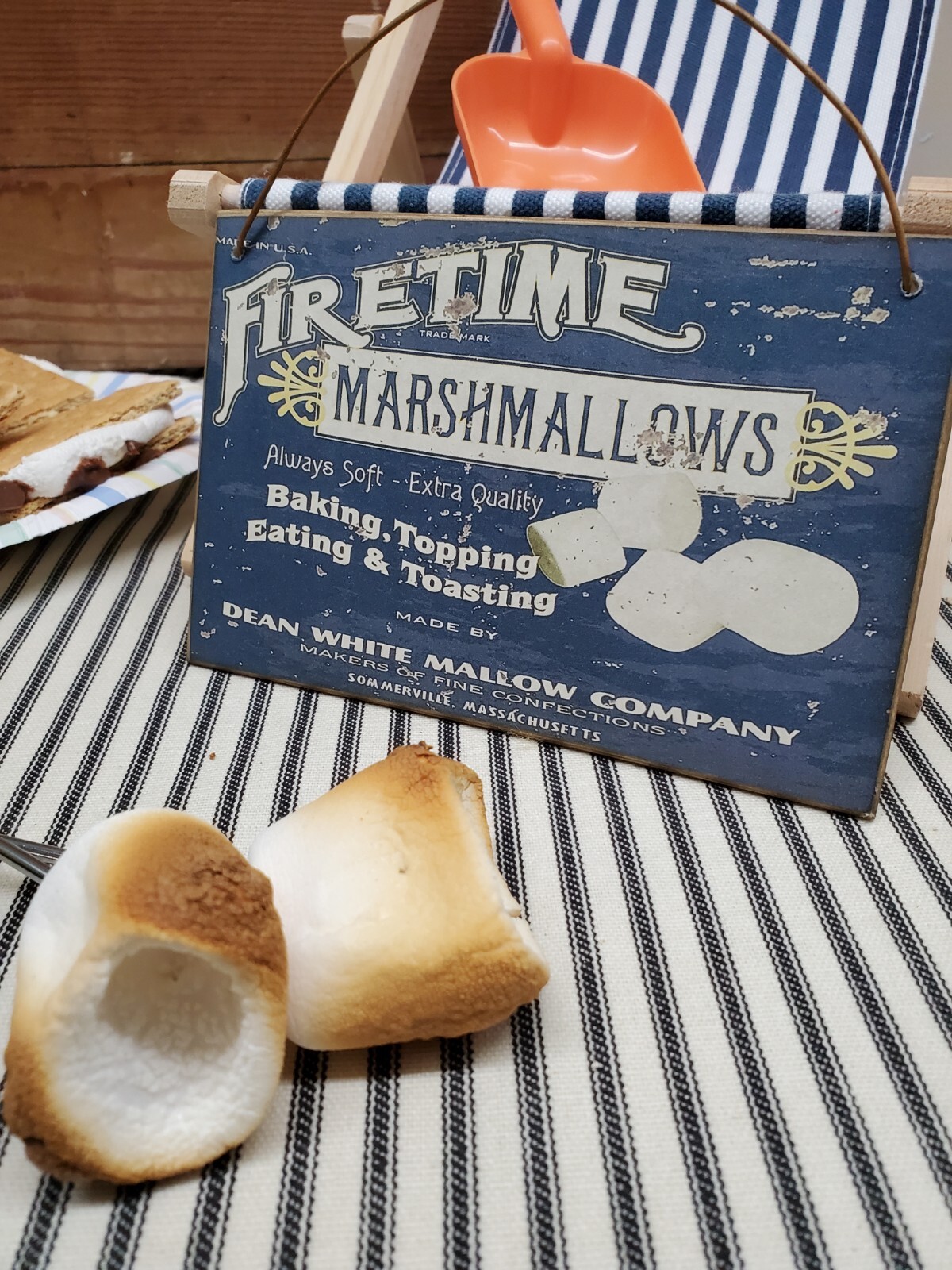 PRIMITIVE ANTIQUE VINTAGE RETRO TIN STYLE FIRETIME MARSHMALLOW WOOD 4 X 6 SIGN