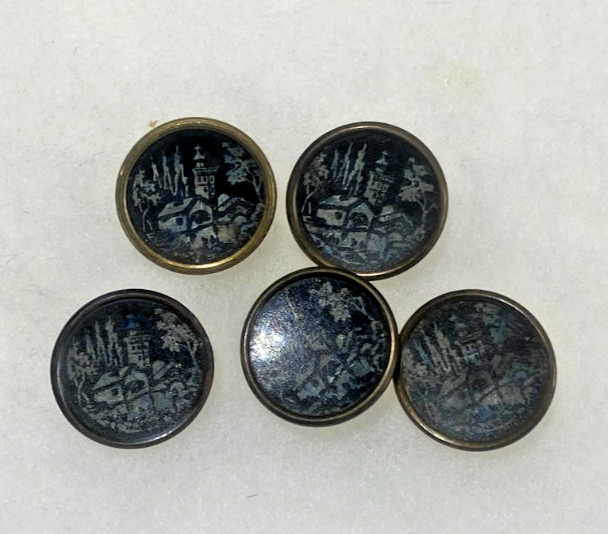 5 Antique Victorian Metal Picture Buttons Castles 11/16″ Extra Fein