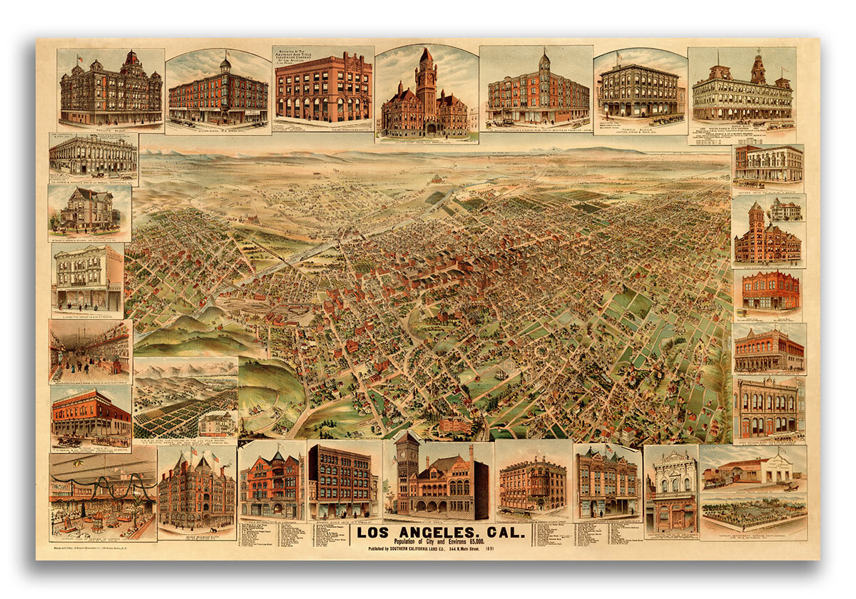 1891 Los Angeles California Vintage Old Panoramic City Map – 20×30