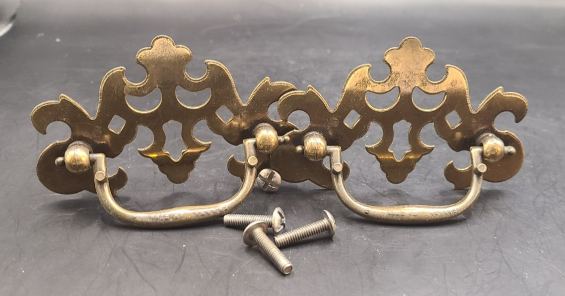 (2) VTG Ethan Allen Georgian Court Drawer Pull Handles Brass 3 inch hole-to-hole