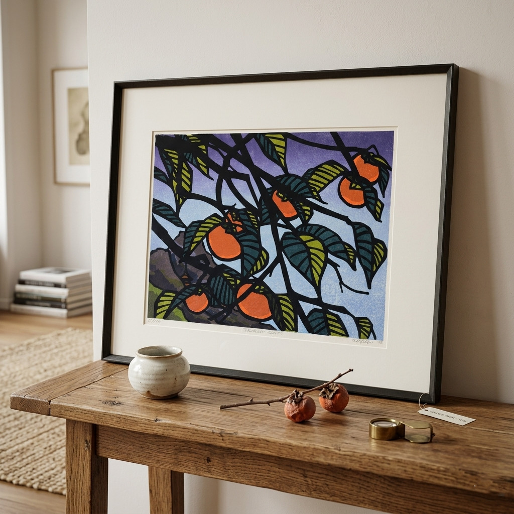 Clifton Karhu “Persimmon Joruri-ji Temple Kyoto” Woodblock Print From Japan