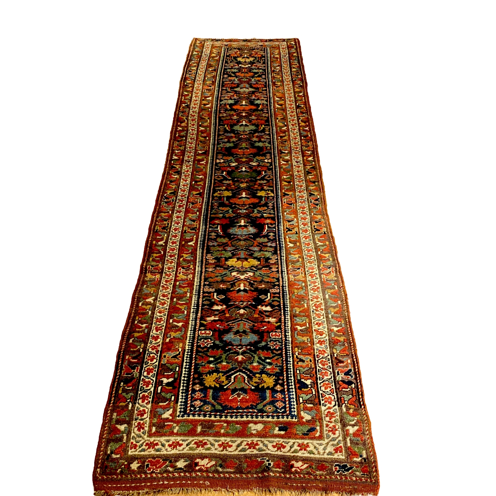 3×12 Antique 100% Wool Kurdish Bidjar Runner Rug C. 1910 Navy Gold Green Crimson