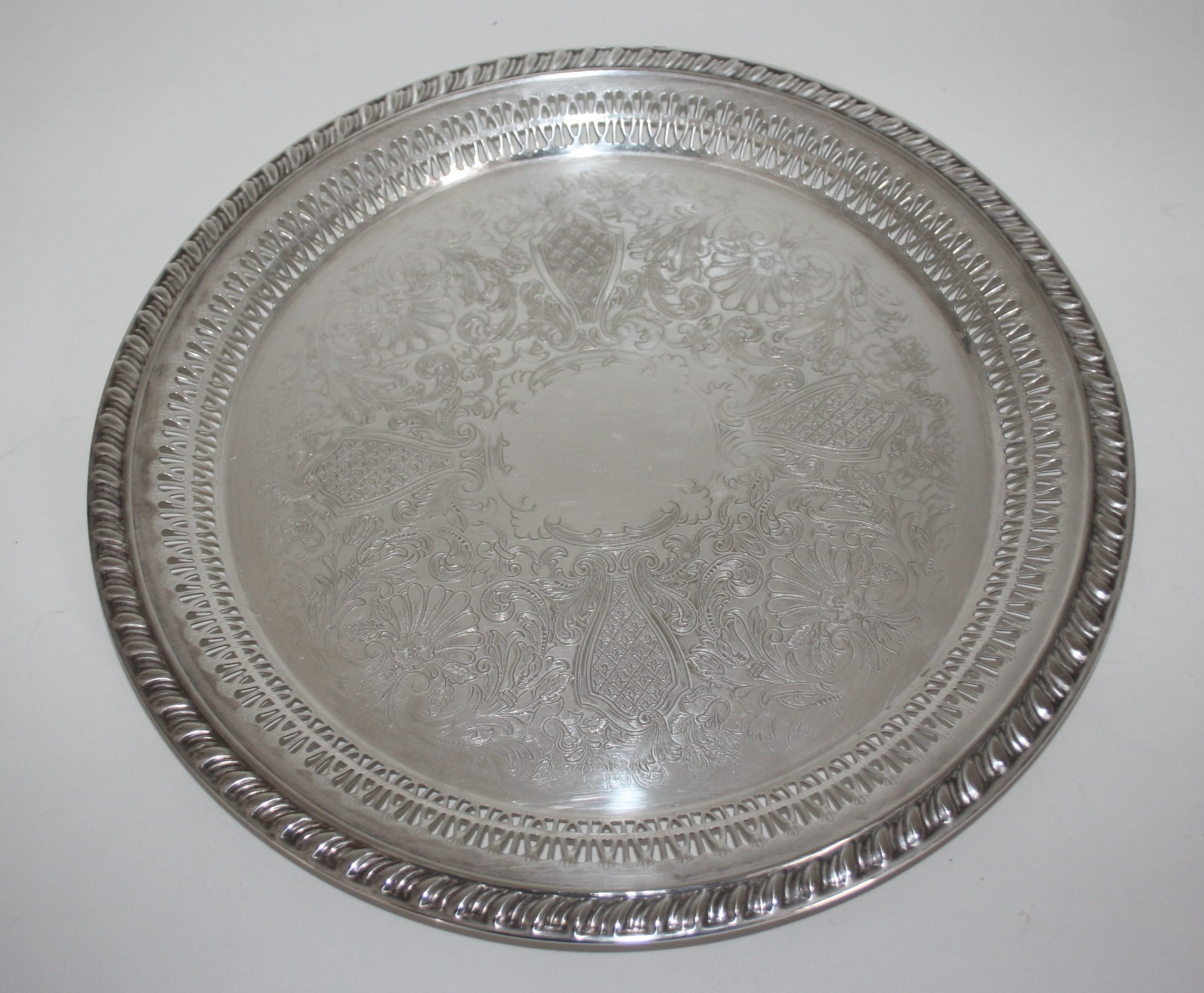 Leonard Silver Co Round Engraved Serving Tray 12.5″ Cut Out Design