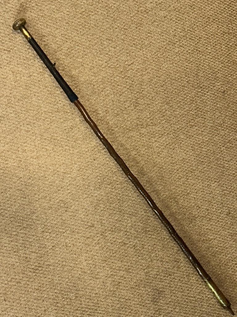 Antique 1911 Ainciart Medlar Basque Makhila Walking Stick Bovine Horn Top Brass