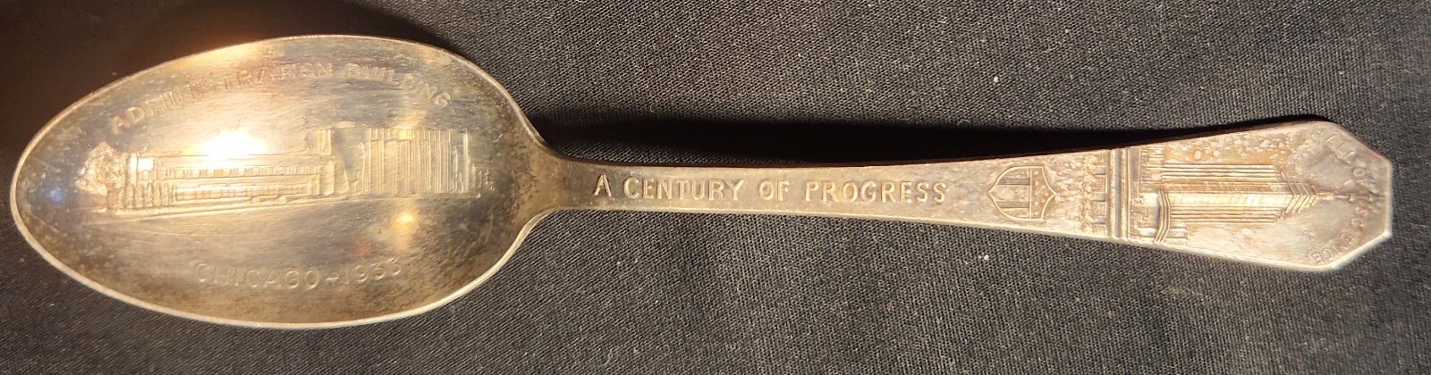 1933 Chicago Worlds Fair Admin. Bldg/Hall of Science Souvenir Spoon 5 3/4″Long