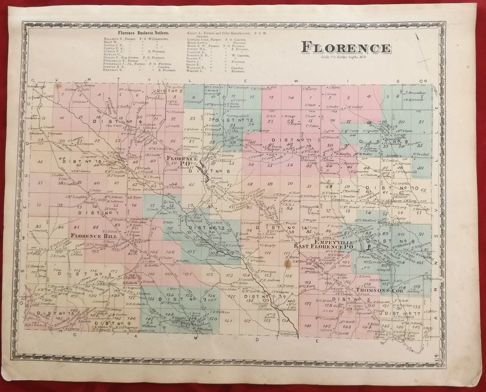 1874 Oneida County NY “Florence Empeyville Thomsons Cor ” Antique Atlas Map