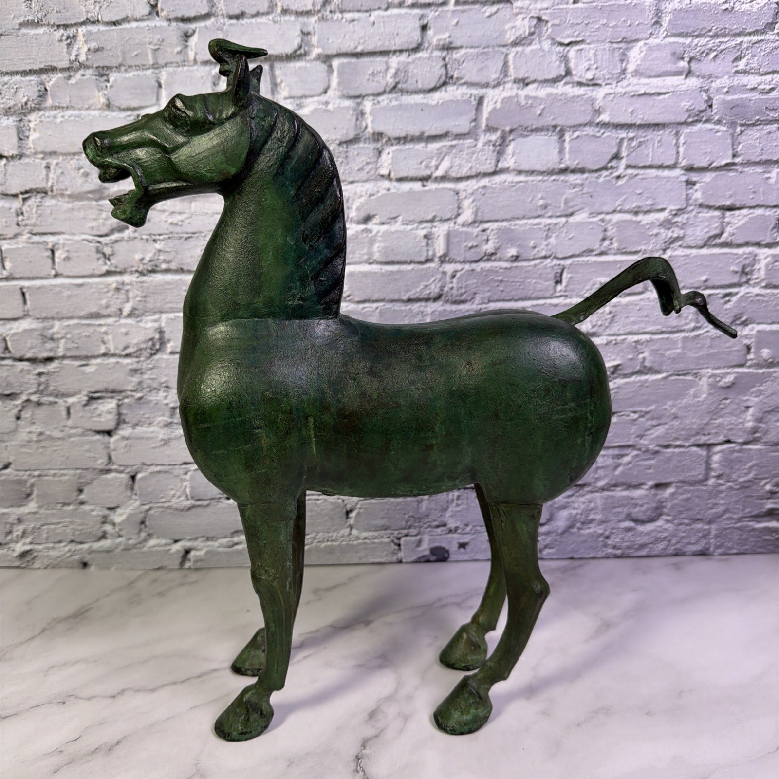 Vintage/Antique Chinese Verdigris Tang Horse, Bronze Green Patina. 15in
