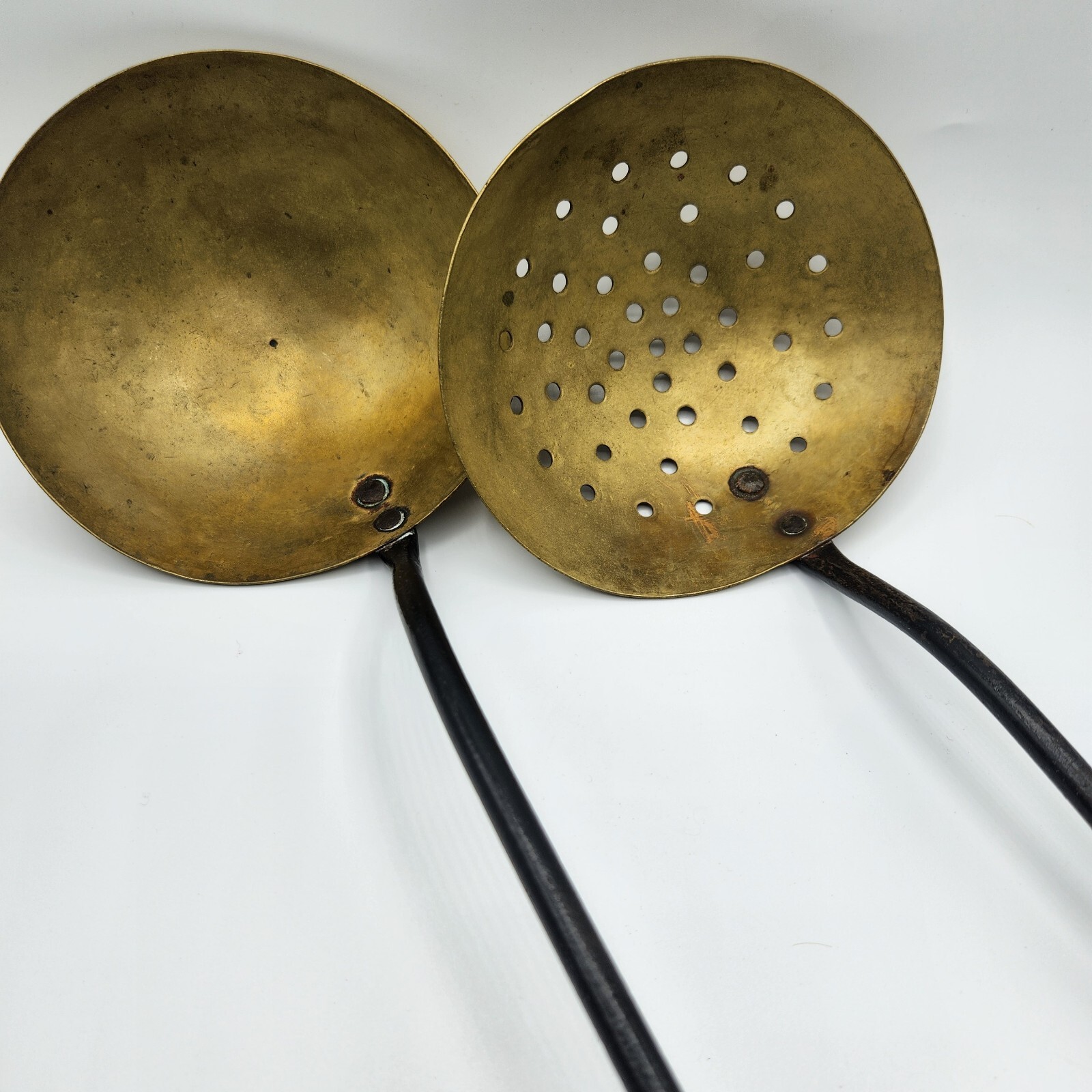 2 Hand Forged Iron Brass Ladle & Strainer 19″ Primitive Antique