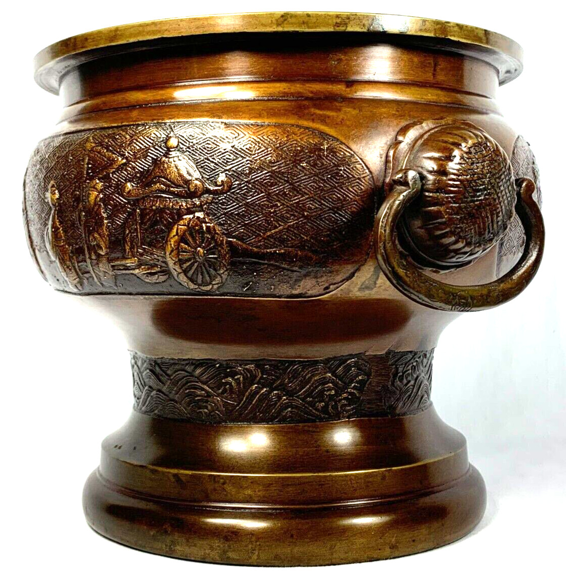 Antique Japanese Hibachi Bronze God Tiger Procession Sunflower Keyfret Meiji Era