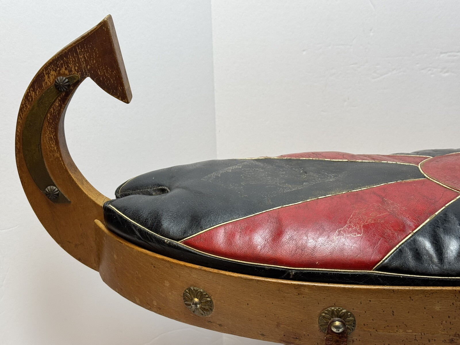 Vtg MCM Black Red Camel Saddle Carved Wood Foot Stool Ottoman Egyptian Decor 31”