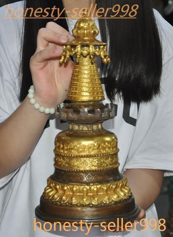 12.8” Ancient Tibetan temple bronze Gilt Buddha Stupa Pagoda Tower statue