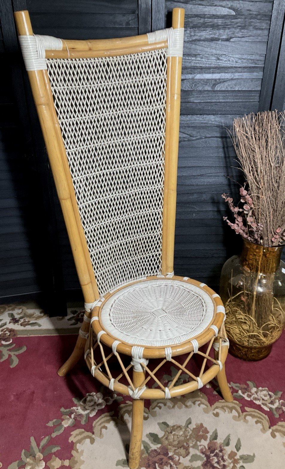 Vintage 1970s High Back Rattan Wicker Chair Boho Hollywood Regency Accent