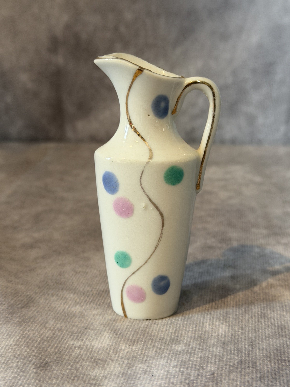 Vintage miniature ceramic Pitcher JAPAN polka dots 4″ tall. mid-century modern.