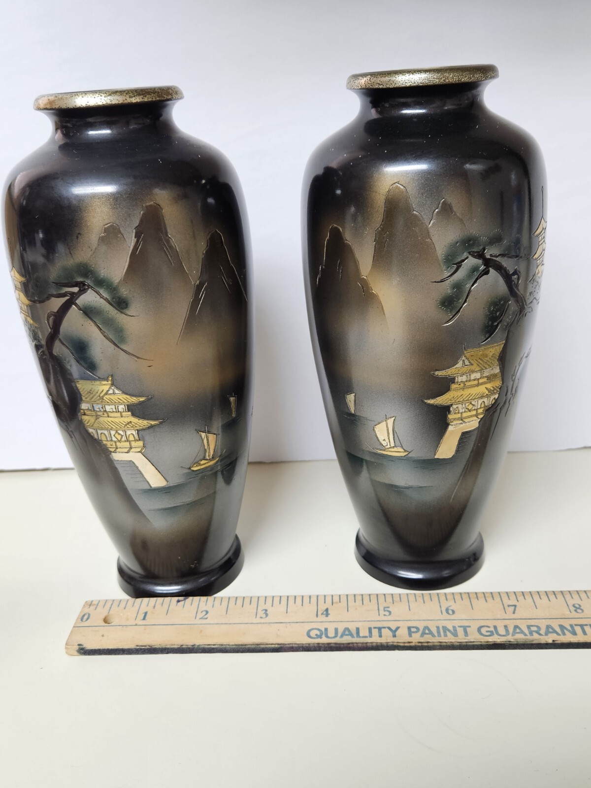 Two (2) Vtg Japanese Bronze Brass Metal Overlay Mt Fugi Pagoda 8″ Vases