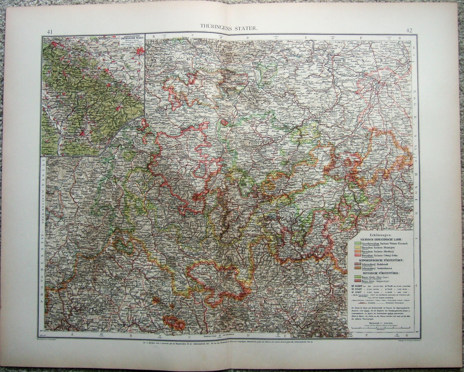 Thüringen States – Original 1899 Map by Velhagen & Klasing. Antique