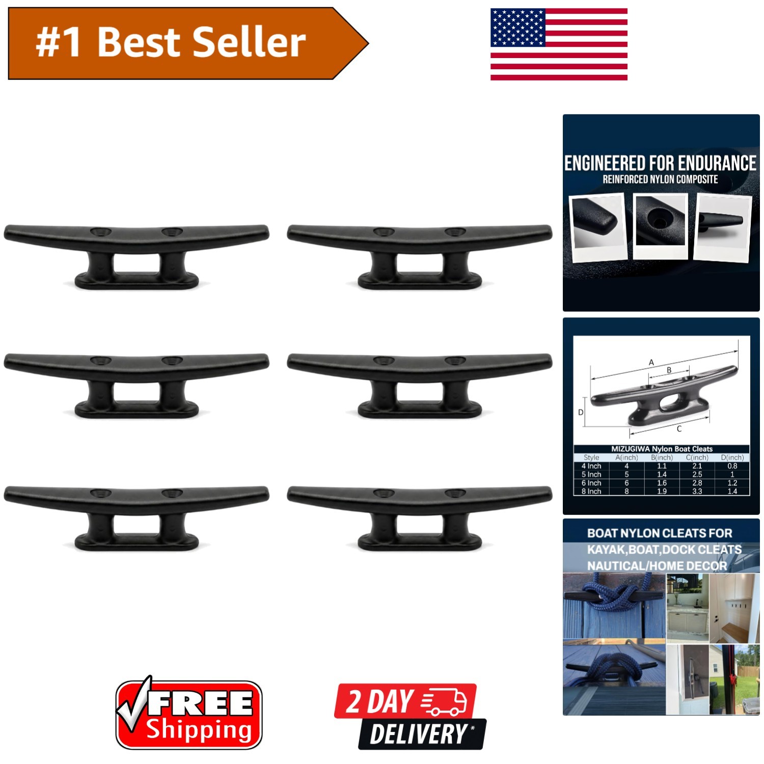 Easy Install 6 Inch Open Base Nylon Cleats – Essential for Boats & Watercraft