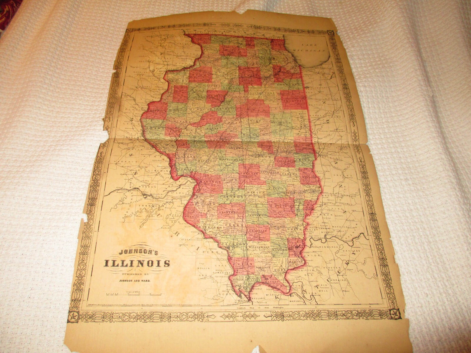 1862 JOHNSONS MAP OF ILLINOIS DOUBLE PAGE, 17 X 26 INCHES,,