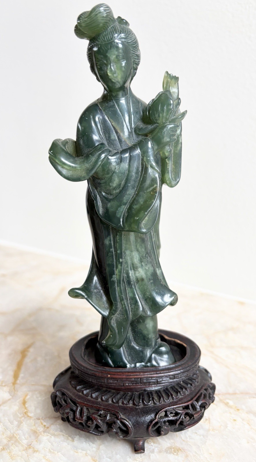 Antique Chinese Republic Era Translucent Spinach Jade Figurine & Stand