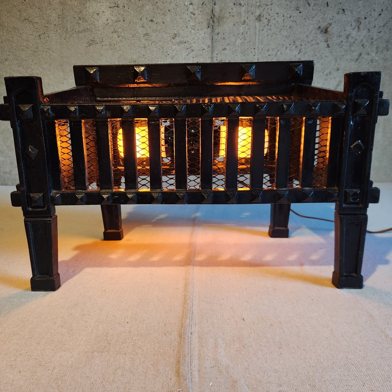 Antique Mission Arts & Crafts Electric Fireplace Log Basket Flicker Lighted VTG