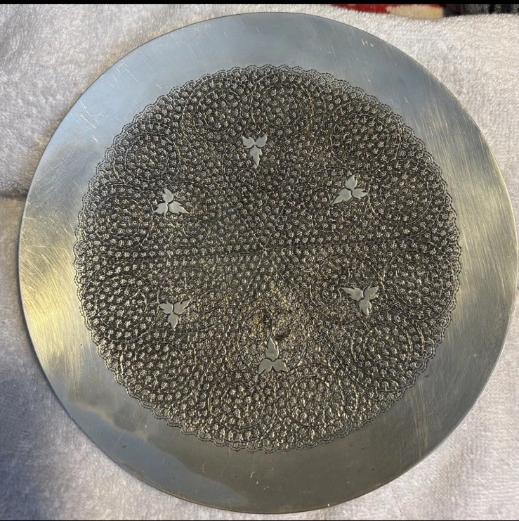 Vintage Kashmiri Indian Silver Salver Tray Scrolling Chinar Flower Motif 229g