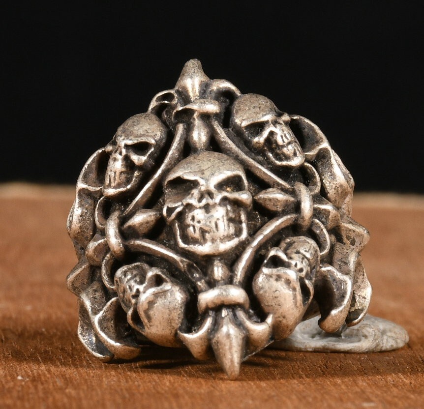 2.7CM Tibet Old Silver Fengshui Cross Skull Human Skull Head Ring Finger Ring