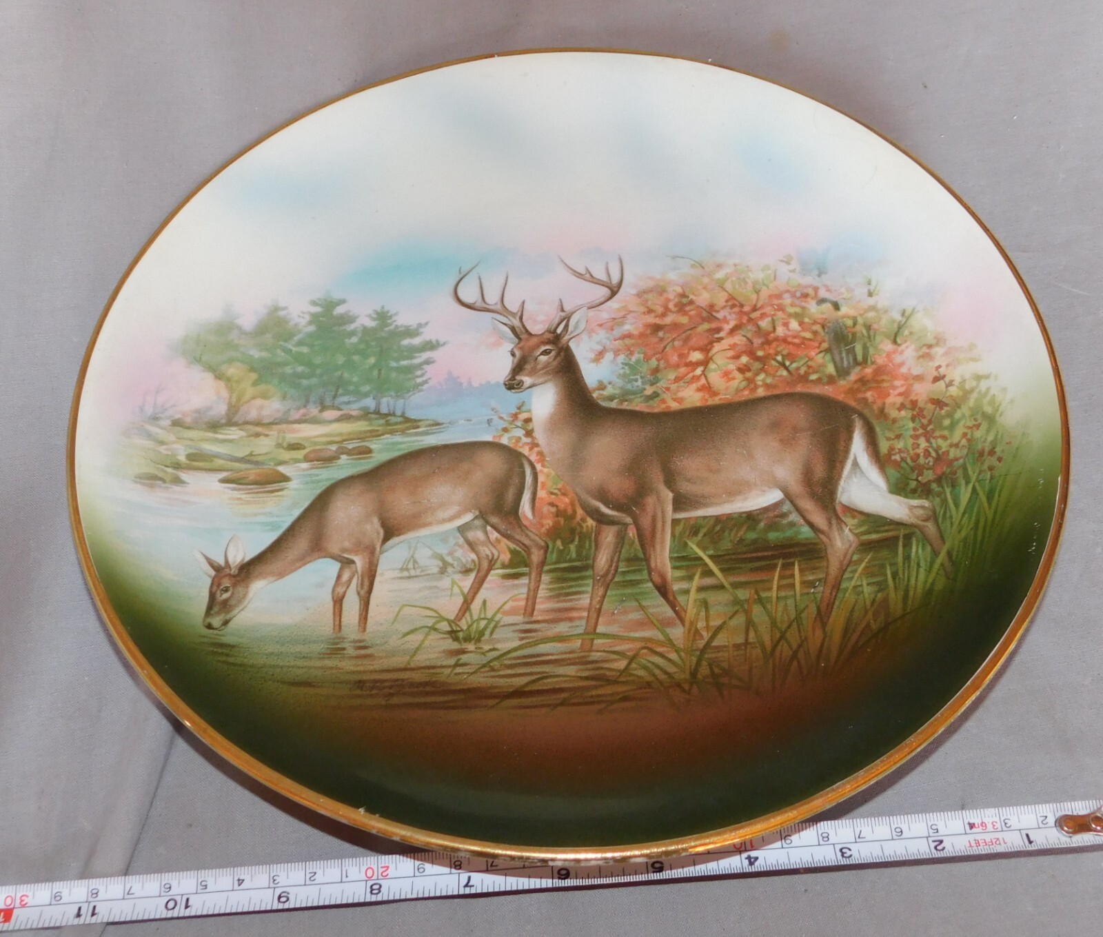 Antique Dresden plate Deer stag doe R. K. Beck artist gilt trim early 20th c.