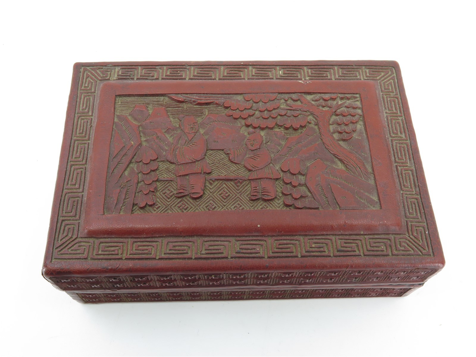 Orig. Chinese Red Cinnabar & Lacquer Trinket Box 5-5/8″ W x 3-3/4″ D x 1.75″ T