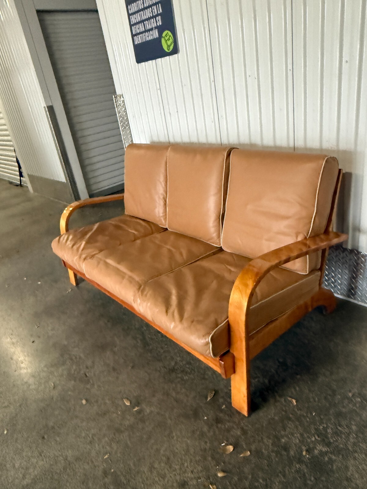1930s Machine Age Russell Wright Figured Tiger Maple Three Seater Sofa
