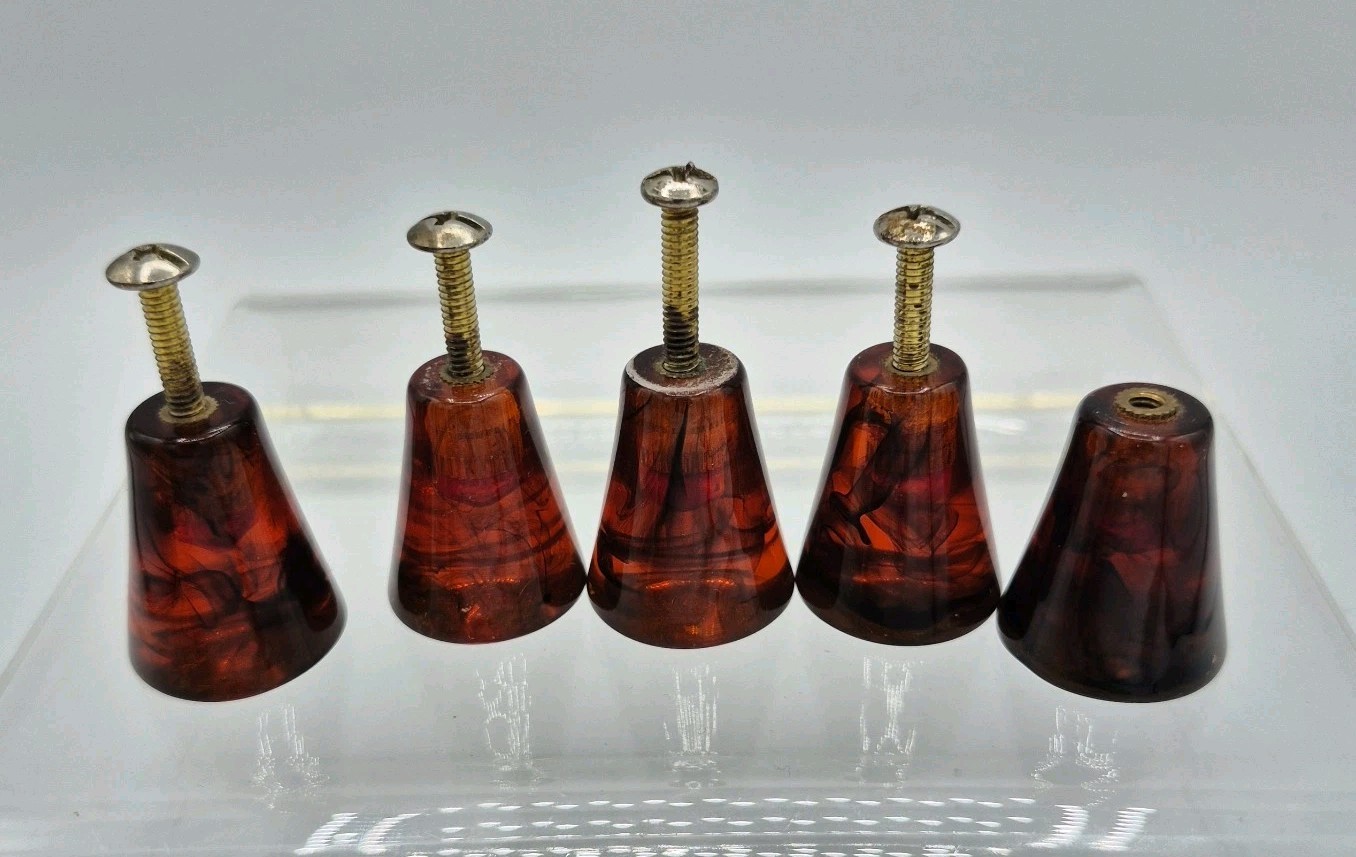5 VTG Amber Tortoise Shell Swirl Effect Lucite Taper Cone Shape Drawer Knobs 1″