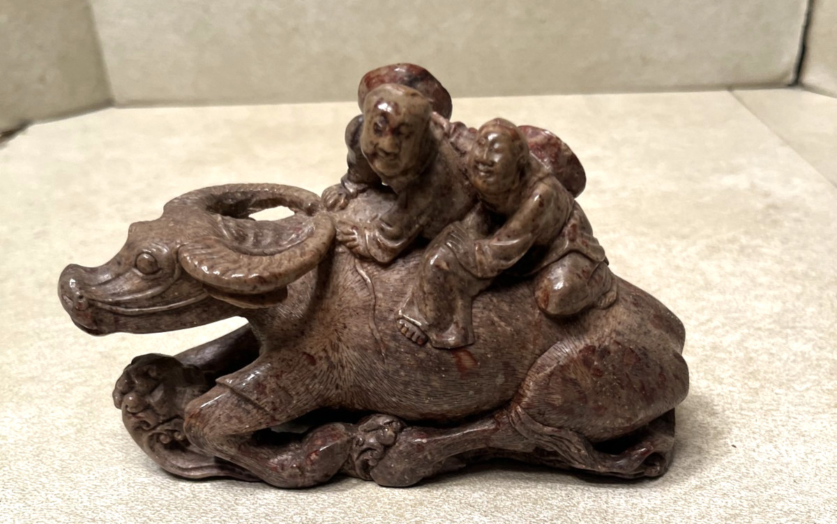Antique Chinese Carved Soapstone Water Buffalo and Figures