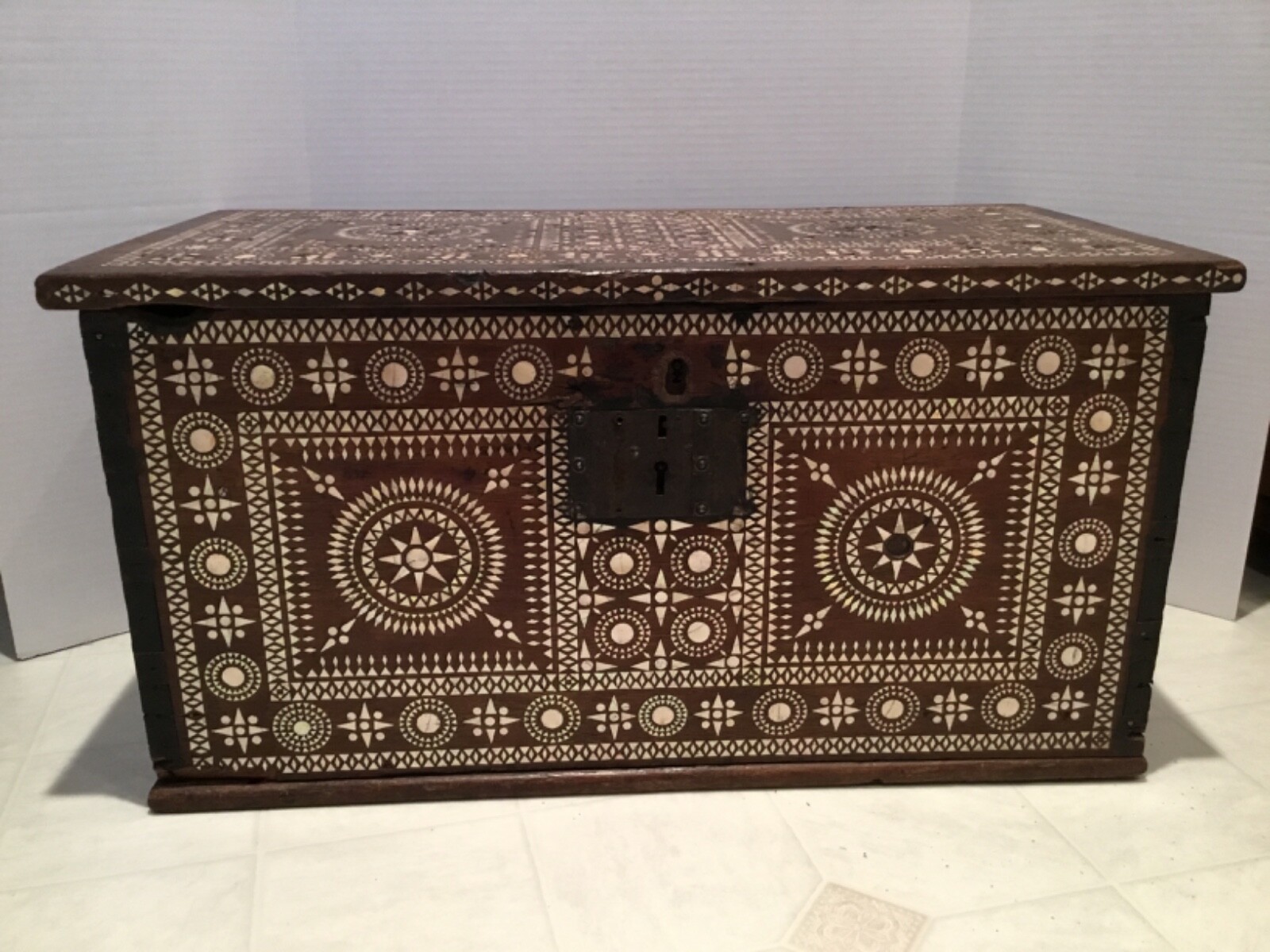 Sailors 1820’s Marquetry Inlay Ditty Box Ivory Pearl Teak Whaler Foot Locker