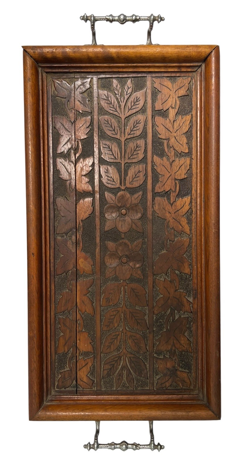 Antique Victorian Decorative Carved Oak & Silver Wood Tray with Handles Elvish