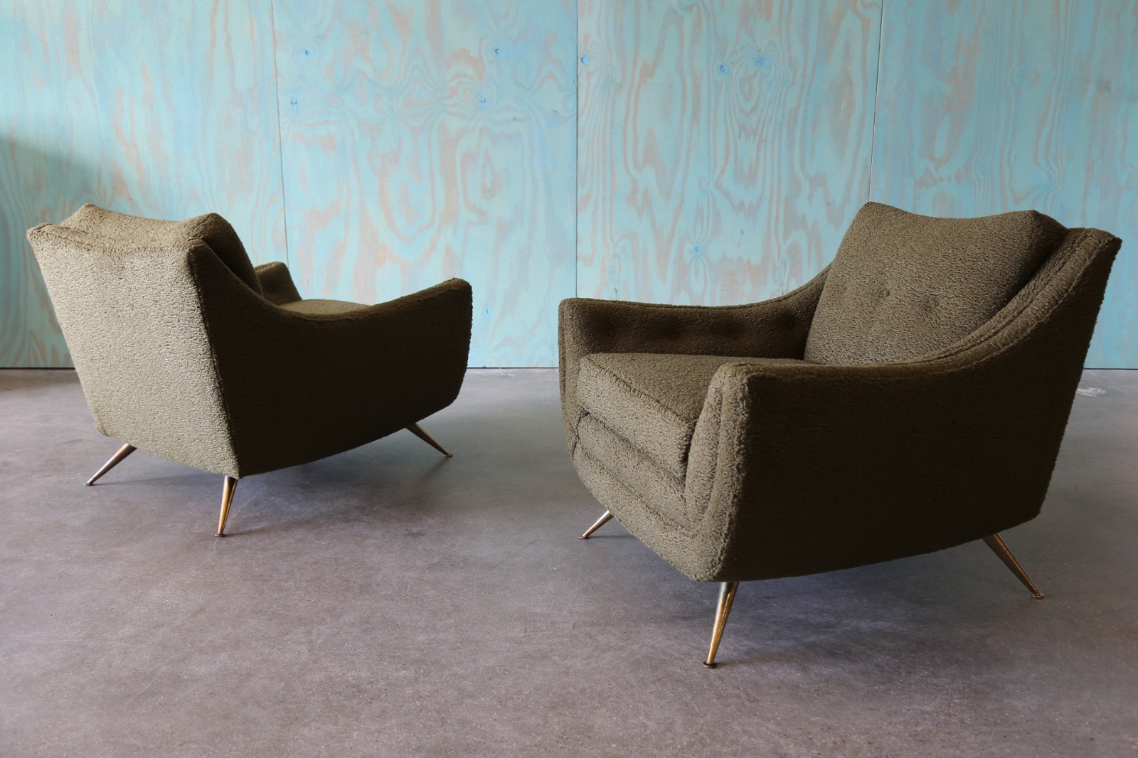 Pair of Henry P Glass Green Lounge Chairs Green Boucle Brass Mid Century Modern