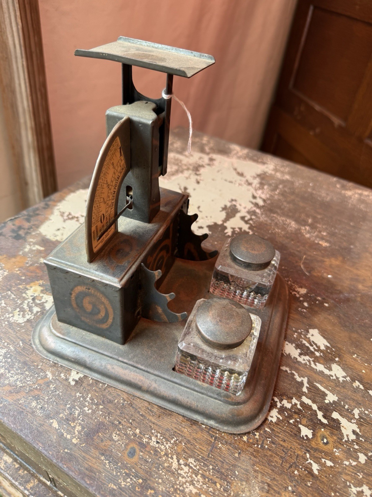 Antique “The Gem” Postal Scale Inkwell Desk Set Japan Finish Copper Flash