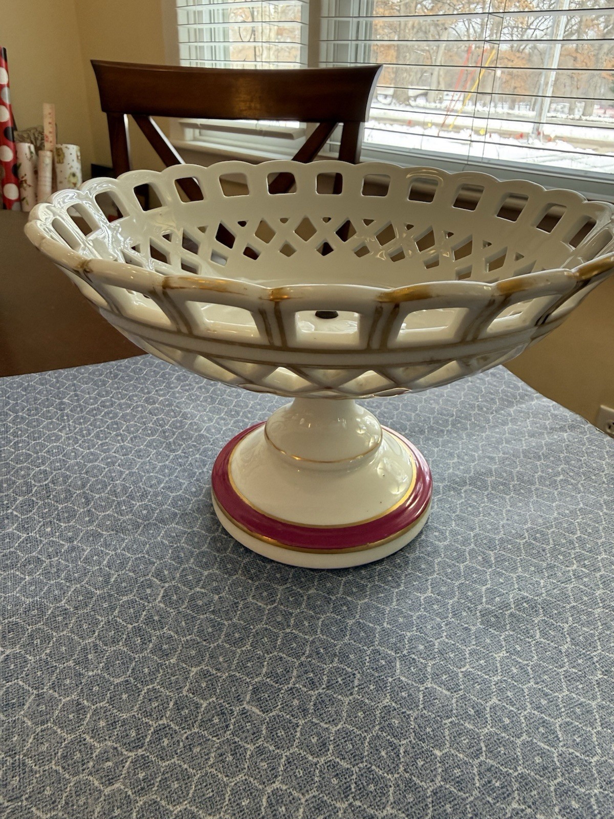 Old Paris Compote Reticulated Pedestal Bowl, White + Gold + Pink, VGUC!