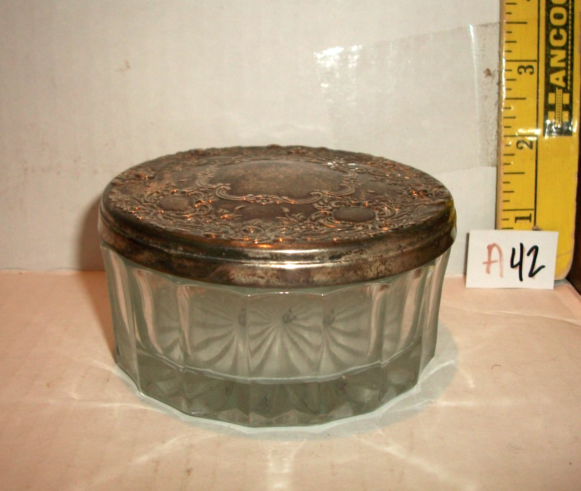 Deco Vanity Crystal Trinket Dish heavy WITH lid mirror INTERNATIONAL SILVER CO