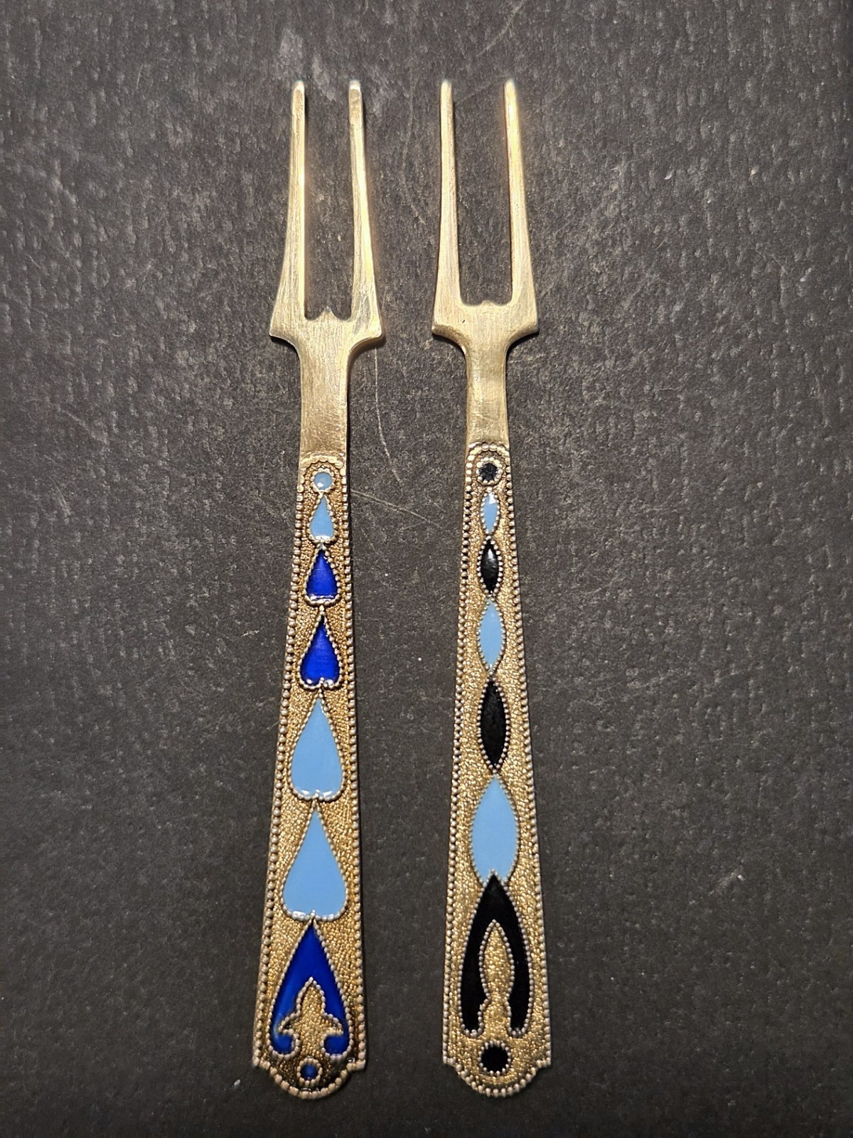 Seafood Cocktail Forks 875 Silver, Gold and Enamel Plated Russia, USSR 2pc